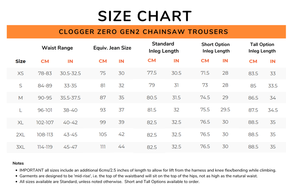 CLOGGER ZERO Gen2 Size Chart