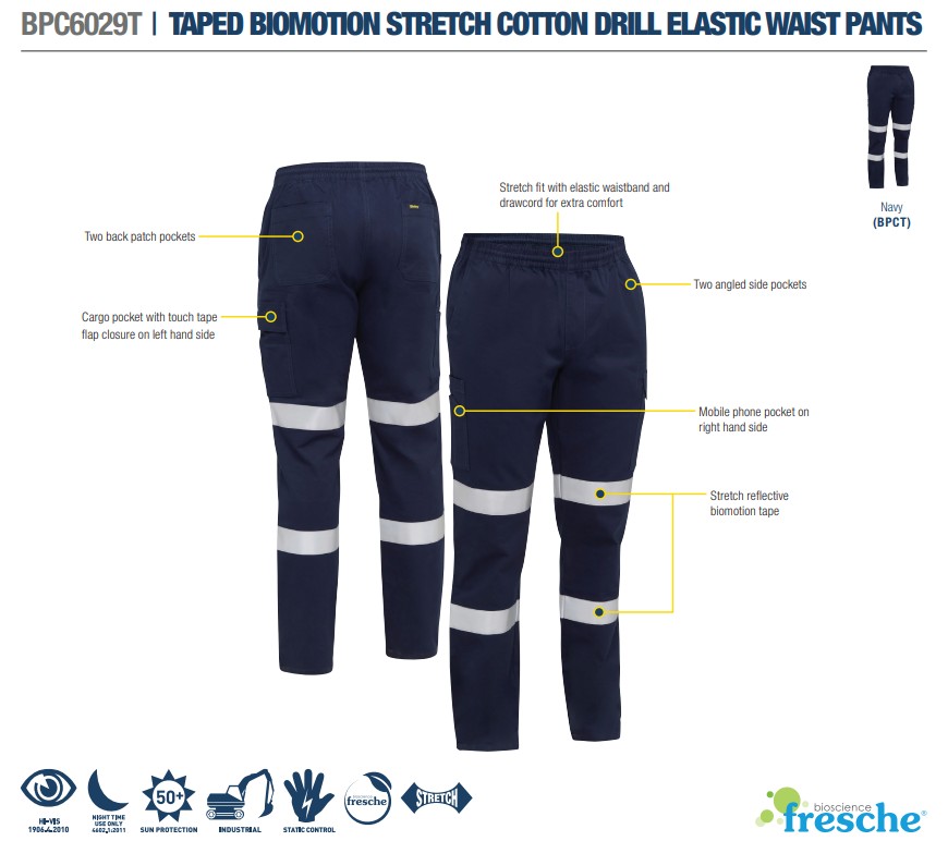 BISLEY BPC6029T Elastic Waist Reflective Taped Cargo Pants - Navy