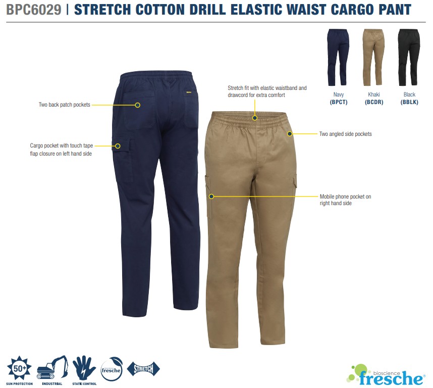 BISLEY BPC6029 Cotton Drill Pants, Elastic Waist