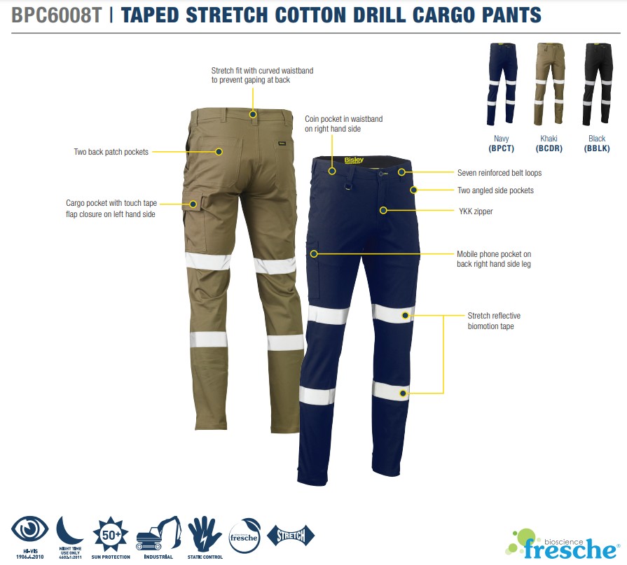 BISLEY BPC6008T Reflective Taped Cargo Pants, Navy