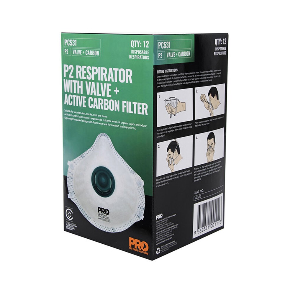 PROCHOICE P2 Disposable Respirator Masks with Valve & Carbon Filter -Box 12