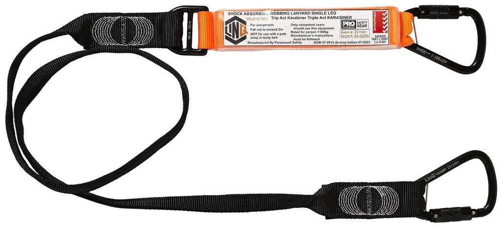 [LNQ-WLO1KTKT] LINQ Elite Single Leg Shock Absorbing Webbing Lanyard with 2 Karabiners