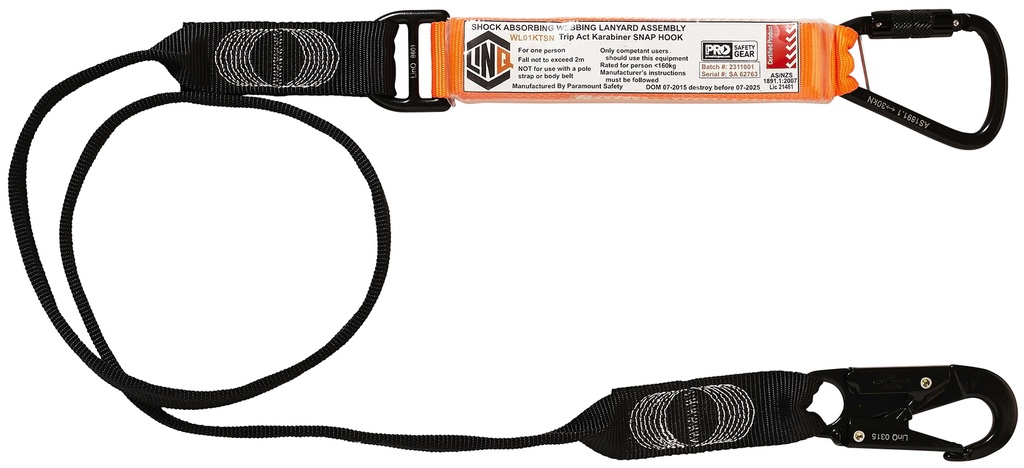 [LNQ-WLO1KTSN] LINQ Elite Single Leg Shock Absorbing Webbing Lanyard with Karabiner & Snap Hook