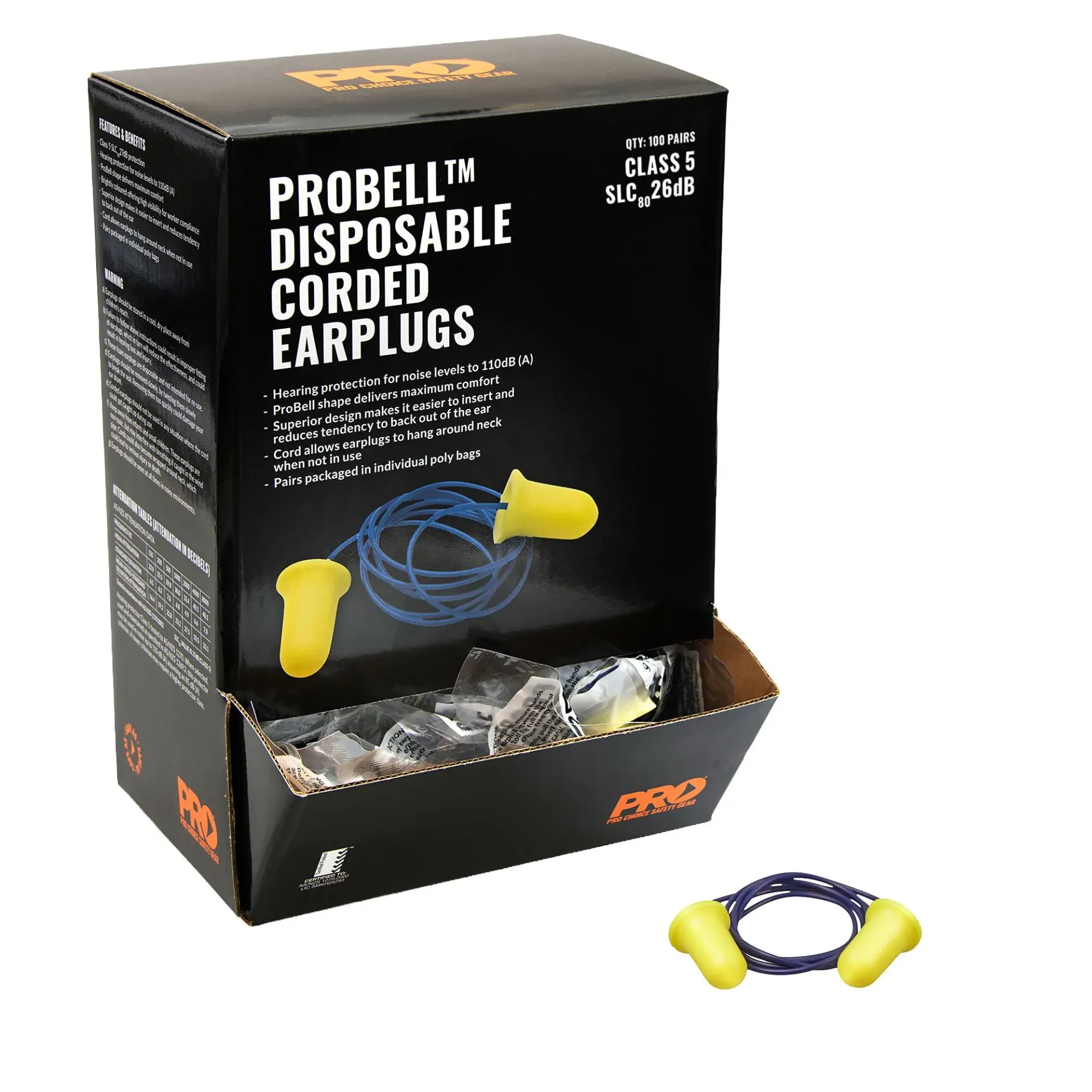 PROCHOICE PRO-BELL Corded Earplugs - Box 100 Pairs