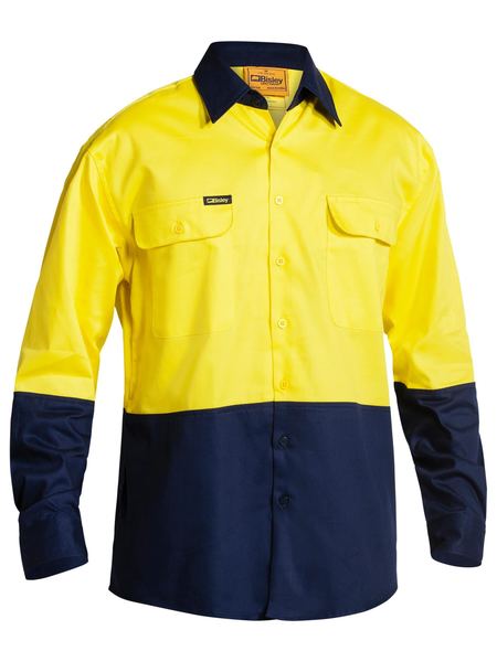 [BW-BS6267-YN-XS] BISLEY BS6267 HiVis Long Sleeve Cotton Drill Shirt (Yellow-Navy, XS)