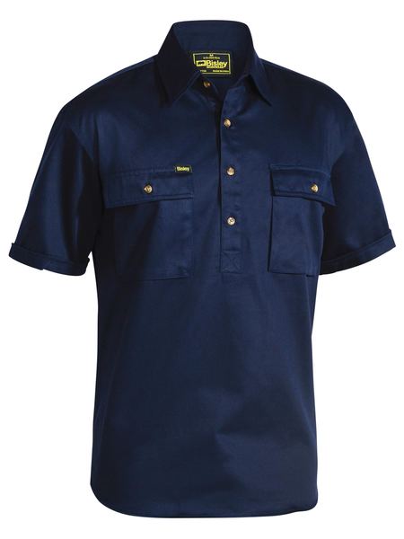 [BW-BSC1433N-S] BISLEY BSC1433 Short Sleeve Closed Front Work Shirt (S, Navy)