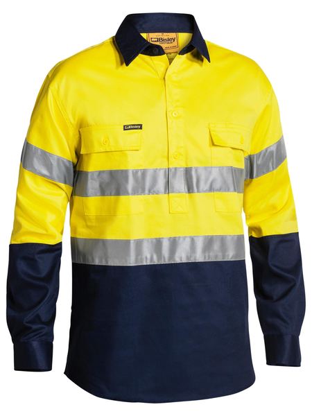 [BW-BTC6456-YN-S] BISLEY BTC6456 Closed Front Reflective Taped Drill Shirt (S, Yellow-Navy)