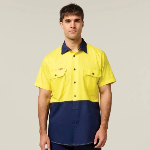 [HY-Y07559Y-XS] HARD YAKKA Y07559 Core Hi-Vis Short Sleeve Shirt (XS, Yellow-Navy)