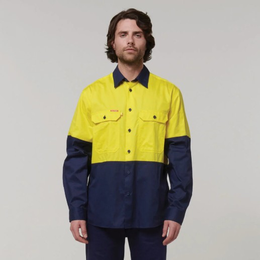 [HY-Y07950Y-S] HARD YAKKA Y07950 Core Hi-Vis Long Sleeve Shirt - Orange Navy (S, Yellow-Navy)