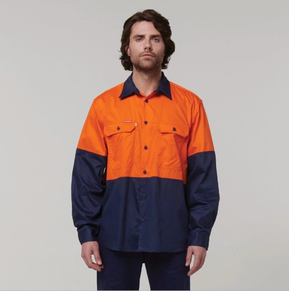 HARD YAKKA Y07950 Core Hi-Vis Long Sleeve Shirt - Orange Navy