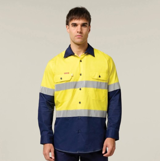 [HY-Y07978Y-S] HARD YAKKA Y07978 Core Hi-Vis Taped Long Sleeve Shirt (S, Yellow-Navy)