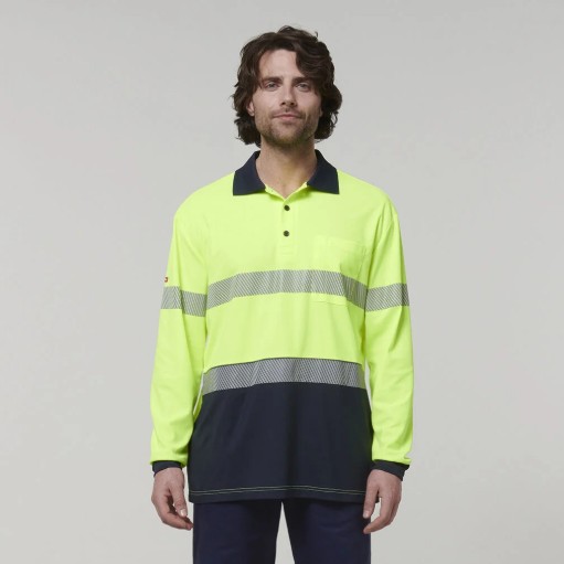[HY-Y19619Y-S] HARD YAKKA Y19619 Mens Long Sleeve Hi Vis Taped Polo (S, Yellow-Navy)