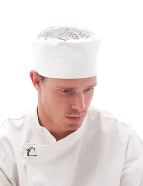 [White] DNC Cool-Breeze Flat Top Chef Cap with Air Flow Mesh Upper