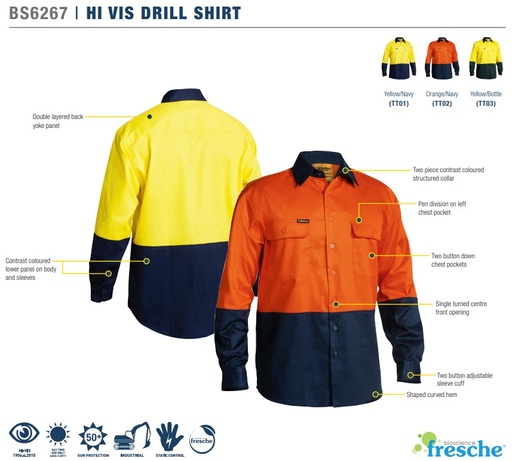 BISLEY BS6267 HiVis Long Sleeve Cotton Drill Shirt