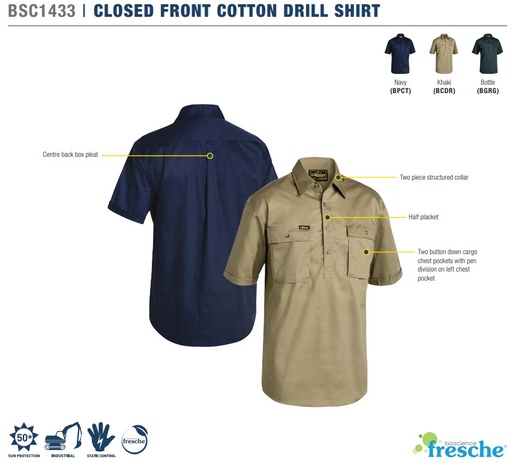 BISLEY BSC1433 Short Sleeve Closed Front Work Shirt